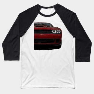 Blazing Fury: Red Dodge Challenger Fiery Front Half Body Posterize Car Design Baseball T-Shirt